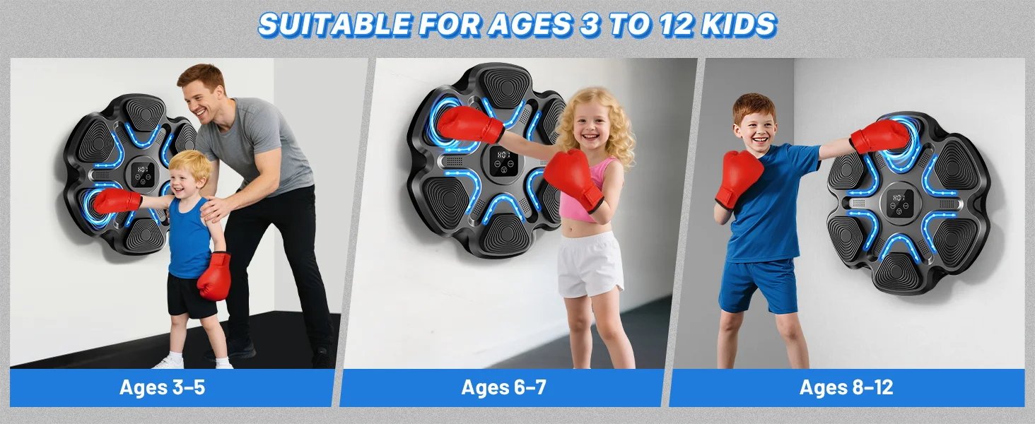 Macchina da boxe musicale per bambini e adulti, punzonatrice Bluetooth montata a parete con guantoni da boxe, boxe LED intelligente Macchina da boxe musicale per bambini e adulti, punzonatrice Bluetooth montata a parete con guantoni da boxe, boxe LED intelligente