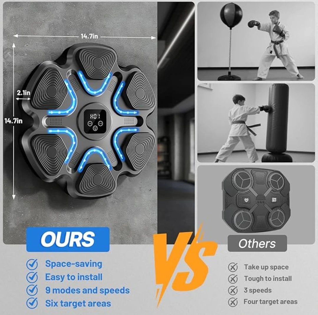 Macchina da boxe musicale per bambini e adulti, punzonatrice Bluetooth montata a parete con guantoni da boxe, boxe LED intelligente - immagine 5
